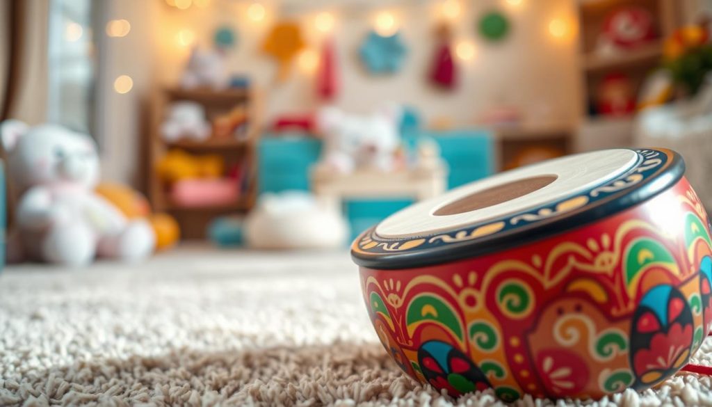 A close-up image focusing on a beautifully crafted tongue drum for children, emphasizing its smooth edges and non-toxic finishing. The foreground showcases the drum with vibrant colors, intricate patterns, and a soft sheen that reflects light. In the background, a cozy, well-lit room filled with soft toys and a plush carpet, creating a safe play environment. Soft, warm lighting enhances the inviting atmosphere, highlighting the drum's details and textures. The angle is slightly tilted, giving depth to the image while ensuring viewers can appreciate the product's safety features. The overall mood is cheerful and reassuring, perfect for parents considering music instruments for their kids. A close-up image focusing on a beautifully crafted tongue drum for children, emphasizing its smooth edges and non-toxic finishing. The foreground showcases the drum with vibrant colors, intricate patterns, and a soft sheen that reflects light. In the background, a cozy, well-lit room filled with soft toys and a plush carpet, creating a safe play environment. Soft, warm lighting enhances the inviting atmosphere, highlighting the drum's details and textures. The angle is slightly tilted, giving depth to the image while ensuring viewers can appreciate the product's safety features. The overall mood is cheerful and reassuring, perfect for parents considering music instruments for their kids.