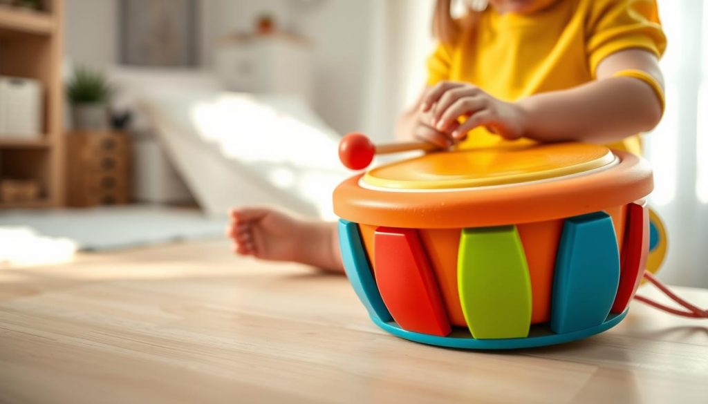 A close-up of a colorful and playful tongue drum for a 3-year-old, focusing on its ergonomic design and dimensions. The drum is depicted on a light wooden surface, showcasing its smooth edges and child-friendly features. In the foreground, highlight the vibrant colors and textures of the drum, emphasizing its safe and rounded structure. The middle ground features a child's small hands gently playing the drum, illustrating proper grip and usage. In the background, a soft, soothing environment with natural light filtering through a nearby window creates a warm, inviting atmosphere. The lighting is soft and diffused, enhancing the drum's colors and creating subtle shadows. A close-up of a colorful and playful tongue drum for a 3-year-old, focusing on its ergonomic design and dimensions. The drum is depicted on a light wooden surface, showcasing its smooth edges and child-friendly features. In the foreground, highlight the vibrant colors and textures of the drum, emphasizing its safe and rounded structure. The middle ground features a child's small hands gently playing the drum, illustrating proper grip and usage. In the background, a soft, soothing environment with natural light filtering through a nearby window creates a warm, inviting atmosphere. The lighting is soft and diffused, enhancing the drum's colors and creating subtle shadows.