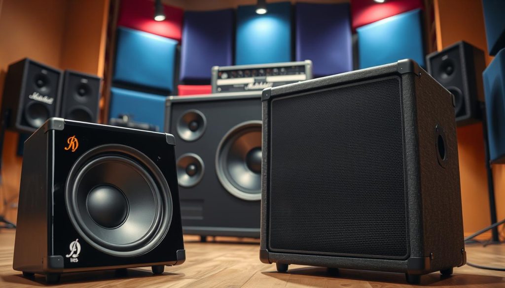 A close-up view of three different sized bass speaker cabinets in a well-lit studio setting, showcasing their unique designs and variations in size. The foreground features a sleek 10-inch speaker with a glossy black finish, while the middle focus shifts to a powerful 12-inch speaker, emphasizing its robust build and intricate details. In the background, a prominent 14-inch speaker stands out, surrounded by vibrant acoustic panels that enhance the studio atmosphere. Soft, diffused lighting casts gentle reflections on the speakers, highlighting their textures and contours. The overall mood is dynamic and professional, evoking a sense of sound quality and performance. A close-up view of three different sized bass speaker cabinets in a well-lit studio setting, showcasing their unique designs and variations in size. The foreground features a sleek 10-inch speaker with a glossy black finish, while the middle focus shifts to a powerful 12-inch speaker, emphasizing its robust build and intricate details. In the background, a prominent 14-inch speaker stands out, surrounded by vibrant acoustic panels that enhance the studio atmosphere. Soft, diffused lighting casts gentle reflections on the speakers, highlighting their textures and contours. The overall mood is dynamic and professional, evoking a sense of sound quality and performance.