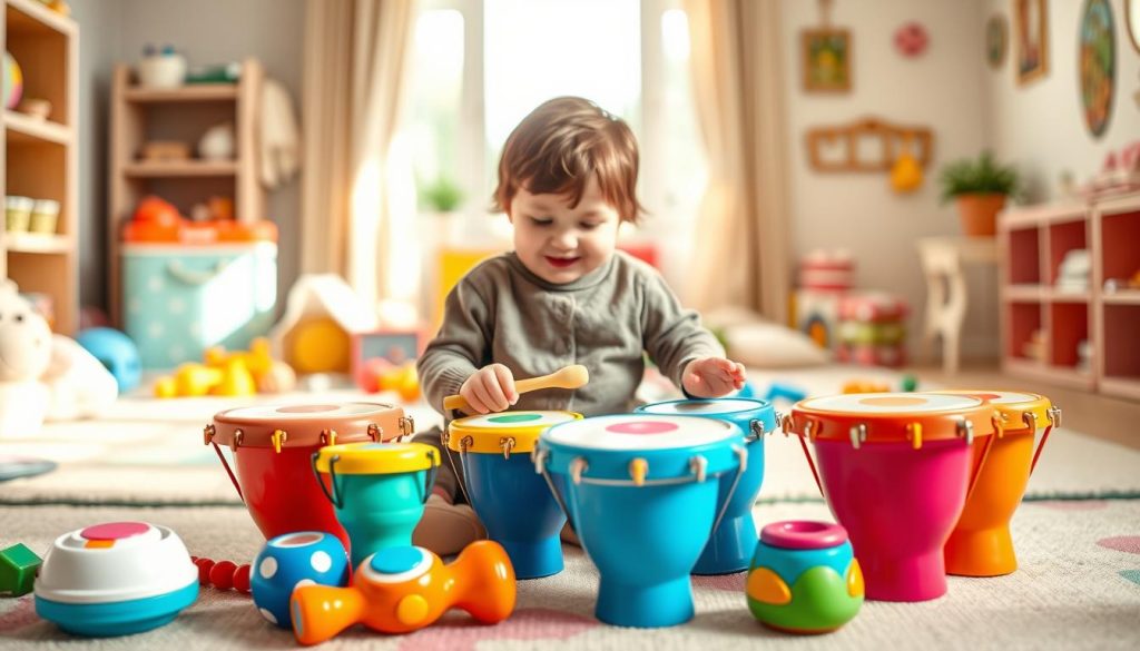A collection of child-friendly, colorful tongue drums designed for 3-year-olds in a cozy, inviting playroom setting. In the foreground, showcase various models featuring vibrant colors and simple shapes, each drum being an easy-to-handle size for small hands. The middle ground should present a child, dressed in a modest and cheerful outfit, curiously exploring one of the drums, with a gentle smile on their face. Behind them, a warmly lit room is filled with soft play mats and educational toys, creating a safe and playful atmosphere. Natural light filters through a window, casting a soft glow that enhances the cheerful mood, while the focal length captures both the child and the drums clearly, ensuring the unique features of each model are visible. A collection of child-friendly, colorful tongue drums designed for 3-year-olds in a cozy, inviting playroom setting. In the foreground, showcase various models featuring vibrant colors and simple shapes, each drum being an easy-to-handle size for small hands. The middle ground should present a child, dressed in a modest and cheerful outfit, curiously exploring one of the drums, with a gentle smile on their face. Behind them, a warmly lit room is filled with soft play mats and educational toys, creating a safe and playful atmosphere. Natural light filters through a window, casting a soft glow that enhances the cheerful mood, while the focal length captures both the child and the drums clearly, ensuring the unique features of each model are visible.