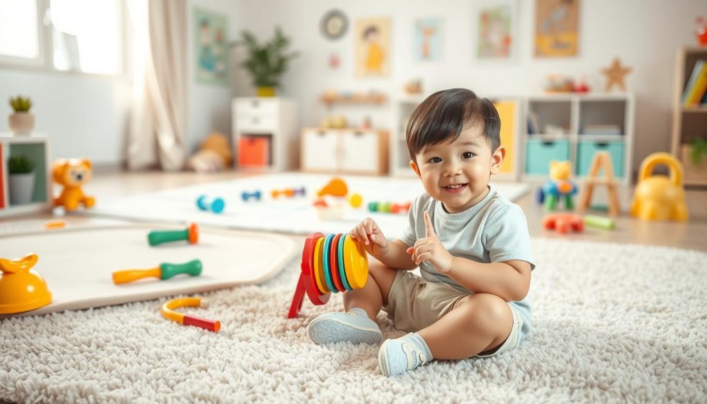 A cozy and colorful indoor setting showcasing a safe play area for young children, specifically designed for a three-year-old. In the foreground, a cheerful child with short hair is sitting cross-legged on a soft, plush carpet, playing gently with a brightly colored tongue drum, showing a look of curiosity and joy. Next to the child, there are safety-check items such as a soft mat and age-appropriate toys scattered around. In the middle ground, a harmonious arrangement of toys creates a secure and inviting environment, while the background features a well-lit room with pastel walls adorned with playful artwork. Use soft, natural lighting to enhance warmth and comfort, captured with a close-up lens from a slightly elevated angle. The overall atmosphere conveys a sense of safety, joy, and child-friendly design. A cozy and colorful indoor setting showcasing a safe play area for young children, specifically designed for a three-year-old. In the foreground, a cheerful child with short hair is sitting cross-legged on a soft, plush carpet, playing gently with a brightly colored tongue drum, showing a look of curiosity and joy. Next to the child, there are safety-check items such as a soft mat and age-appropriate toys scattered around. In the middle ground, a harmonious arrangement of toys creates a secure and inviting environment, while the background features a well-lit room with pastel walls adorned with playful artwork. Use soft, natural lighting to enhance warmth and comfort, captured with a close-up lens from a slightly elevated angle. The overall atmosphere conveys a sense of safety, joy, and child-friendly design.