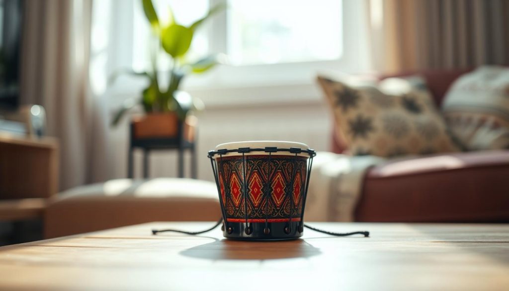 A detailed close-up of a mini tongue drum placed on a wooden table, showcasing its vibrant colors and intricate patterns. The drum should be centrally positioned, illuminated by soft, natural light from a window, creating gentle reflections on its shiny surface. In the background, slightly blurred, include hints of a cozy living room setting with a plant and a comfortable chair, emphasizing a serene, inviting atmosphere. The scene evokes a feeling of tranquility and creativity, celebrating the portability and accessibility of music in daily life. The angle should be slightly above the drum, allowing viewers to appreciate both its craftsmanship and the surrounding environment. No people or text visible. A detailed close-up of a mini tongue drum placed on a wooden table, showcasing its vibrant colors and intricate patterns. The drum should be centrally positioned, illuminated by soft, natural light from a window, creating gentle reflections on its shiny surface. In the background, slightly blurred, include hints of a cozy living room setting with a plant and a comfortable chair, emphasizing a serene, inviting atmosphere. The scene evokes a feeling of tranquility and creativity, celebrating the portability and accessibility of music in daily life. The angle should be slightly above the drum, allowing viewers to appreciate both its craftsmanship and the surrounding environment. No people or text visible.