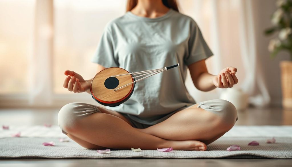 A serene and calming scene of a person meditating while playing a mini tongue drum. In the foreground, show an individual in modest casual clothing, seated cross-legged on a soft mat. The mini tongue drum should be prominently displayed, showcasing its intricate design and vibrant colors. In the middle ground, include gentle, flowing elements like wisps of soft fabric or petals to convey tranquility and harmony. The background should consist of a softly blurred landscape, perhaps a tranquil garden or a peaceful room with pale, warm lighting that creates a soothing atmosphere. The overall mood should evoke feelings of relaxation and mindfulness, with a focus on the connection between music and meditation, captured with a warm, inviting lens angle. A serene and calming scene of a person meditating while playing a mini tongue drum. In the foreground, show an individual in modest casual clothing, seated cross-legged on a soft mat. The mini tongue drum should be prominently displayed, showcasing its intricate design and vibrant colors. In the middle ground, include gentle, flowing elements like wisps of soft fabric or petals to convey tranquility and harmony. The background should consist of a softly blurred landscape, perhaps a tranquil garden or a peaceful room with pale, warm lighting that creates a soothing atmosphere. The overall mood should evoke feelings of relaxation and mindfulness, with a focus on the connection between music and meditation, captured with a warm, inviting lens angle.
