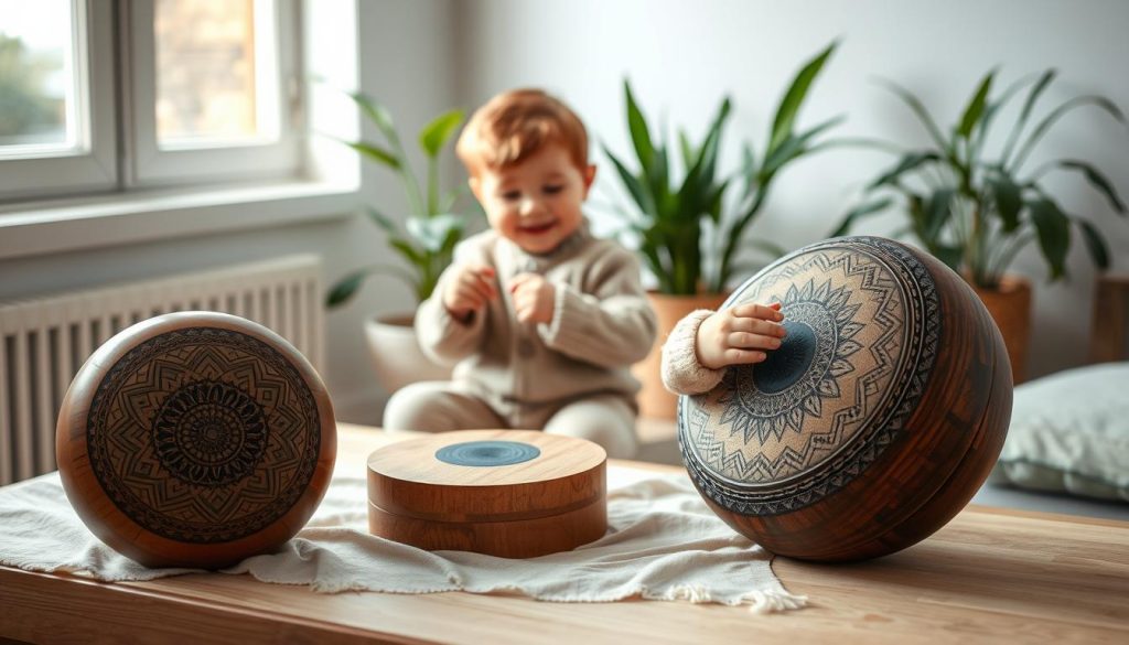 A serene indoor setting featuring two tongue drums, one tuned to 440 Hz and the other to 432 Hz, artfully displayed on a soft wooden table. In the foreground, focus on the intricate designs of the drums, showcasing their craftsmanship. A gentle light filters through a nearby window, casting soft shadows and highlighting the natural textures of the drums. In the middle ground, a small child (around 5 years old) dressed in a cozy sweater is playfully engaging with the 432 Hz drum, with a look of joy and curiosity on their face. The background shows a calming environment with soft pastel colors and plants that create a nurturing atmosphere. The overall mood is warm and inviting, emphasizing the soothing qualities of the music. A serene indoor setting featuring two tongue drums, one tuned to 440 Hz and the other to 432 Hz, artfully displayed on a soft wooden table. In the foreground, focus on the intricate designs of the drums, showcasing their craftsmanship. A gentle light filters through a nearby window, casting soft shadows and highlighting the natural textures of the drums. In the middle ground, a small child (around 5 years old) dressed in a cozy sweater is playfully engaging with the 432 Hz drum, with a look of joy and curiosity on their face. The background shows a calming environment with soft pastel colors and plants that create a nurturing atmosphere. The overall mood is warm and inviting, emphasizing the soothing qualities of the music.