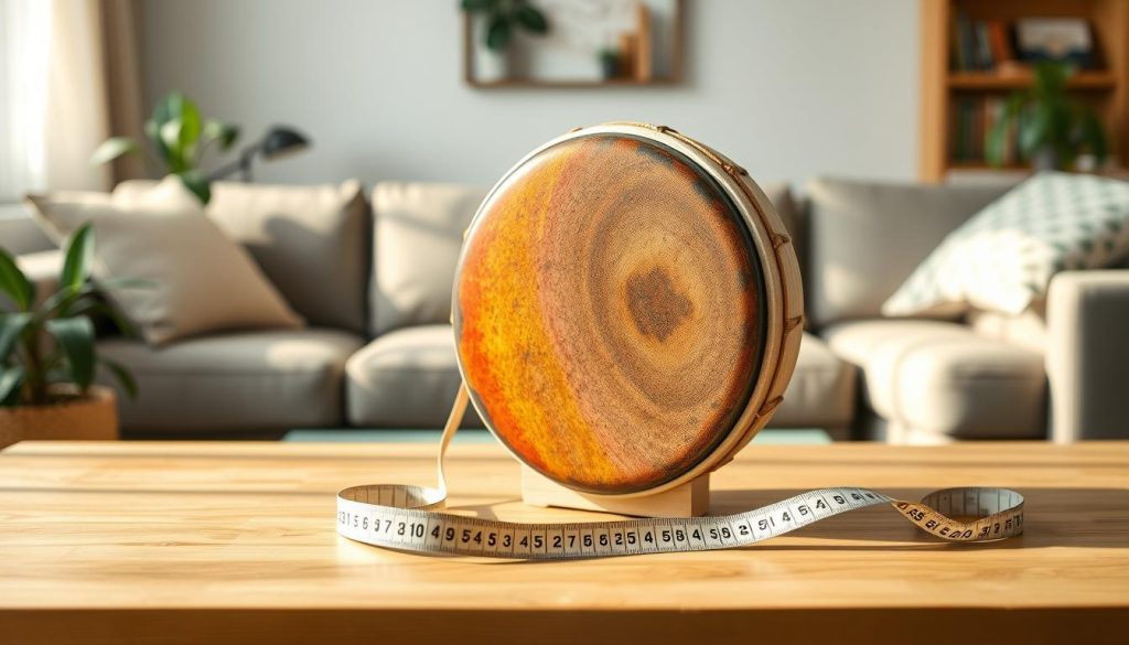 A steel tongue drum situated on a softly diffused wooden table, its vibrant colors standing out against the background. The drum is shown from a slight overhead angle, emphasizing its circular shape and intricate surface patterns, while a measuring tape lies beside it to indicate its diameter clearly. Surround the drum with soft, natural lighting to create a warm atmosphere, and a blurred background featuring a serene living room setting, adorned with gentle greenery. The entire composition conveys a sense of calm and creativity, making it inviting for both children and parents considering the size of the drum based on age. A steel tongue drum situated on a softly diffused wooden table, its vibrant colors standing out against the background. The drum is shown from a slight overhead angle, emphasizing its circular shape and intricate surface patterns, while a measuring tape lies beside it to indicate its diameter clearly. Surround the drum with soft, natural lighting to create a warm atmosphere, and a blurred background featuring a serene living room setting, adorned with gentle greenery. The entire composition conveys a sense of calm and creativity, making it inviting for both children and parents considering the size of the drum based on age.