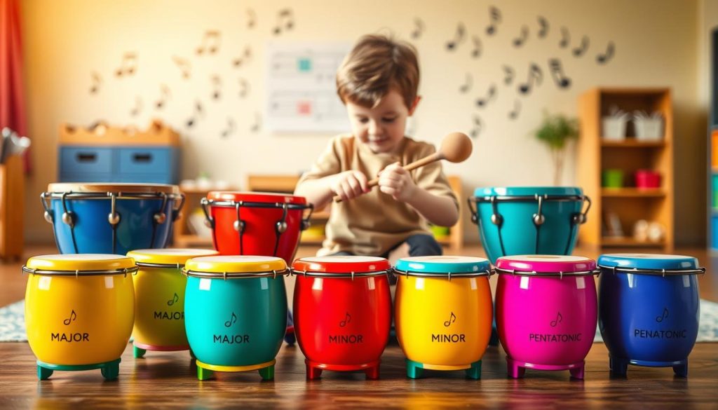 A vibrant and engaging scene featuring a colorful collection of tongue drums designed for children, showcasing various scales: major, minor, and pentatonic. In the foreground, place an array of tongue drums in bright hues, each labeled subtly with a different scale type. In the middle ground, depict a child, dressed in modest casual clothing, curiously exploring the drums, perhaps striking one with a mallet. The background should include a soft-focus classroom or playroom with musical notes whimsically illustrated on the walls, enhancing the educational atmosphere. Utilize warm, natural lighting to create an inviting environment, capturing a sense of joy and creativity, with a shallow depth of field to emphasize the drums and the child's interaction. A vibrant and engaging scene featuring a colorful collection of tongue drums designed for children, showcasing various scales: major, minor, and pentatonic. In the foreground, place an array of tongue drums in bright hues, each labeled subtly with a different scale type. In the middle ground, depict a child, dressed in modest casual clothing, curiously exploring the drums, perhaps striking one with a mallet. The background should include a soft-focus classroom or playroom with musical notes whimsically illustrated on the walls, enhancing the educational atmosphere. Utilize warm, natural lighting to create an inviting environment, capturing a sense of joy and creativity, with a shallow depth of field to emphasize the drums and the child's interaction.