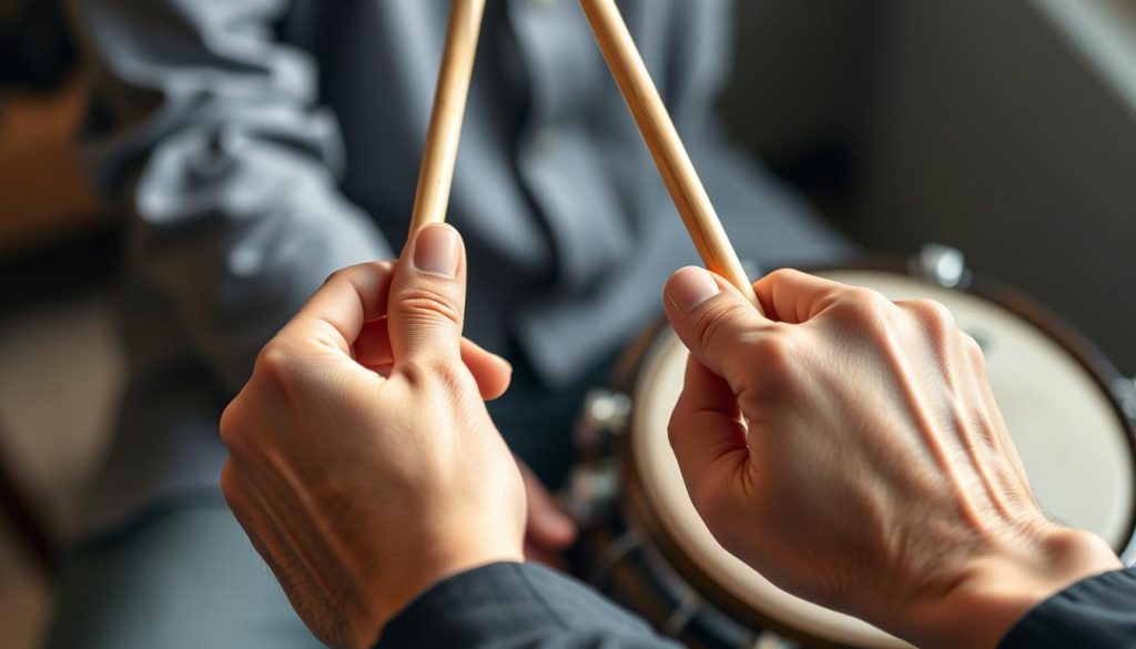 A close-up image of two hands gracefully holding drumsticks designed for playing a tongue drum, showcasing proper grip techniques to prevent fatigue. The hands, adorned in modest, professional attire, are positioned in a relaxed yet focused manner, illustrating the ideal posture for prolonged playing. Soft, natural lighting illuminates the hands, casting gentle shadows to enhance the textures of the skin and the smooth finish of the drumsticks. In the background, a blurred tongue drum adds context, conveying an inviting atmosphere for music creation. The overall mood is one of calm concentration, emphasizing the beauty of skilled musicianship and technique. Capture the scene with a slightly elevated angle to emphasize the hands and drumsticks while maintaining a soft focus on the drum for depth. A close-up image of two hands gracefully holding drumsticks designed for playing a tongue drum, showcasing proper grip techniques to prevent fatigue. The hands, adorned in modest, professional attire, are positioned in a relaxed yet focused manner, illustrating the ideal posture for prolonged playing. Soft, natural lighting illuminates the hands, casting gentle shadows to enhance the textures of the skin and the smooth finish of the drumsticks. In the background, a blurred tongue drum adds context, conveying an inviting atmosphere for music creation. The overall mood is one of calm concentration, emphasizing the beauty of skilled musicianship and technique. Capture the scene with a slightly elevated angle to emphasize the hands and drumsticks while maintaining a soft focus on the drum for depth.