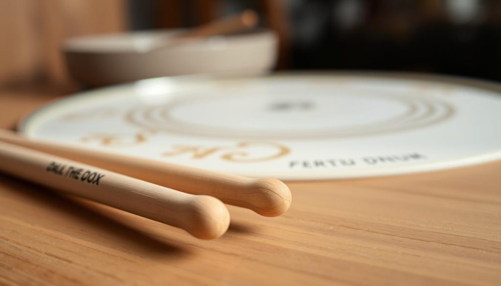 A close-up shot of a pair of drumsticks made from "chiffon doux," featuring their soft, delicate texture and subtle sheen. The foreground showcases the drumsticks resting on a smooth wooden surface, with the gentle curves and rich colors of the chiffon highlighted by soft, diffused lighting. In the middle ground, blurred hints of a tongue drum can be seen, emphasizing the connection between the materials. In the background, a muted, cozy room interior can be faintly discerned, enhancing the warm atmosphere. The overall mood is calm and focused, inviting the viewer to appreciate the craftsmanship and care necessary for maintaining high-quality drumsticks. Use a shallow depth of field to bring the drumsticks into sharp focus while softly blurring the background. A close-up shot of a pair of drumsticks made from "chiffon doux," featuring their soft, delicate texture and subtle sheen. The foreground showcases the drumsticks resting on a smooth wooden surface, with the gentle curves and rich colors of the chiffon highlighted by soft, diffused lighting. In the middle ground, blurred hints of a tongue drum can be seen, emphasizing the connection between the materials. In the background, a muted, cozy room interior can be faintly discerned, enhancing the warm atmosphere. The overall mood is calm and focused, inviting the viewer to appreciate the craftsmanship and care necessary for maintaining high-quality drumsticks. Use a shallow depth of field to bring the drumsticks into sharp focus while softly blurring the background.