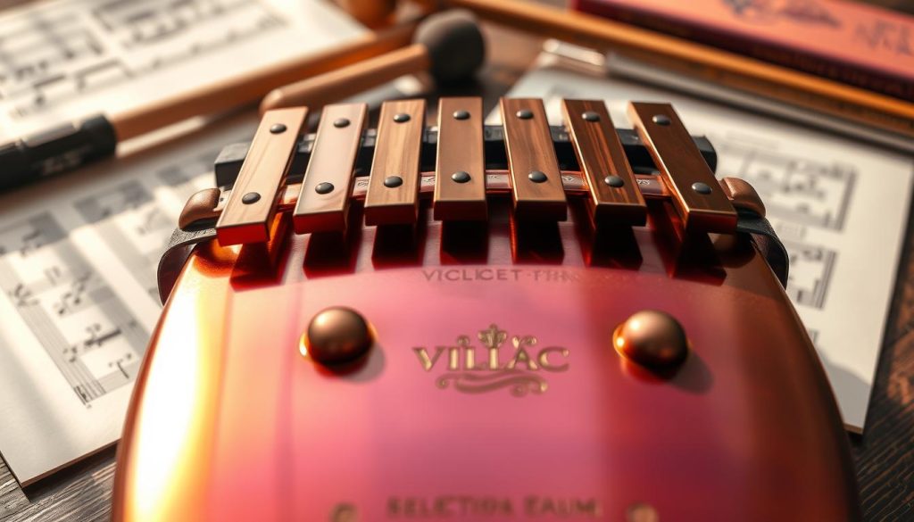 A close-up view of a beautifully crafted Vilac tongue drum made from unique metal, showcasing its intricate design with polished surfaces and rich, vibrant colors. The foreground features the drum prominently, with its selectable notes highlighted in a harmonious arrangement of tones. In the middle, soft natural lighting accentuates the metal's sheen and texture, revealing details like engraved patterns and small rubber feet for stability. The background is softly blurred, featuring accessories such as mallets and sheet music, placed neatly to enhance the focus on the drum. The overall mood is serene and artistic, inviting a sense of calm and creativity. The angle is slightly tilted, suggesting a dynamic perspective while maintaining a professional and polished look. A close-up view of a beautifully crafted Vilac tongue drum made from unique metal, showcasing its intricate design with polished surfaces and rich, vibrant colors. The foreground features the drum prominently, with its selectable notes highlighted in a harmonious arrangement of tones. In the middle, soft natural lighting accentuates the metal's sheen and texture, revealing details like engraved patterns and small rubber feet for stability. The background is softly blurred, featuring accessories such as mallets and sheet music, placed neatly to enhance the focus on the drum. The overall mood is serene and artistic, inviting a sense of calm and creativity. The angle is slightly tilted, suggesting a dynamic perspective while maintaining a professional and polished look.