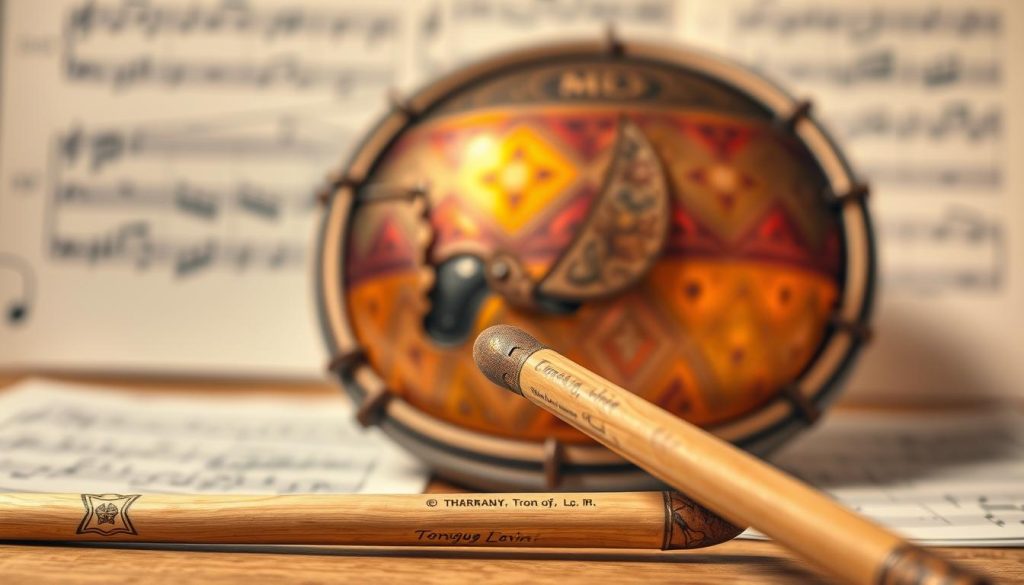 A close-up view of a tongue drum with damaged surfaces due to improper use of drumsticks. In the foreground, display a pair of worn-out drumsticks showing signs of wear and tear, emphasizing the mistakes made in handling. In the middle ground, the tongue drum, made of vibrant metal with intricate patterns, reflects light in warm hues. The background should be softly blurred to focus on the drum and sticks, featuring subtle elements like a music score or practice sheet, enhancing the ambiance of musical learning. The lighting should be soft and warm, creating a contemplative mood, as if capturing a moment of reflection on common mistakes in drumming technique. A close-up view of a tongue drum with damaged surfaces due to improper use of drumsticks. In the foreground, display a pair of worn-out drumsticks showing signs of wear and tear, emphasizing the mistakes made in handling. In the middle ground, the tongue drum, made of vibrant metal with intricate patterns, reflects light in warm hues. The background should be softly blurred to focus on the drum and sticks, featuring subtle elements like a music score or practice sheet, enhancing the ambiance of musical learning. The lighting should be soft and warm, creating a contemplative mood, as if capturing a moment of reflection on common mistakes in drumming technique.
