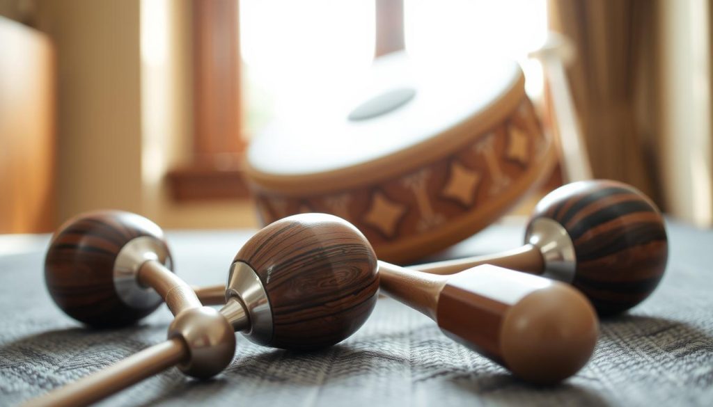 A close-up view of elegant tongue drum mallets made from a combination of rich, polished wood and sleek steel. In the foreground, focus on the mallets, showcasing their fine craftsmanship, highlighting the grain of the wood and the sheen of the steel. In the middle, a beautifully crafted tongue drum featuring smooth contours and intricate designs with a warm wooden finish is set on a textured surface. In the background, soft, natural light filters through a nearby window, casting gentle shadows and creating an inviting atmosphere. Capture the mood of creativity and craftsmanship, evoking a sense of tranquility and passion for music. The angle should be slightly elevated to emphasize the distinct materials and craftsmanship of both the mallets and the drum. A close-up view of elegant tongue drum mallets made from a combination of rich, polished wood and sleek steel. In the foreground, focus on the mallets, showcasing their fine craftsmanship, highlighting the grain of the wood and the sheen of the steel. In the middle, a beautifully crafted tongue drum featuring smooth contours and intricate designs with a warm wooden finish is set on a textured surface. In the background, soft, natural light filters through a nearby window, casting gentle shadows and creating an inviting atmosphere. Capture the mood of creativity and craftsmanship, evoking a sense of tranquility and passion for music. The angle should be slightly elevated to emphasize the distinct materials and craftsmanship of both the mallets and the drum.