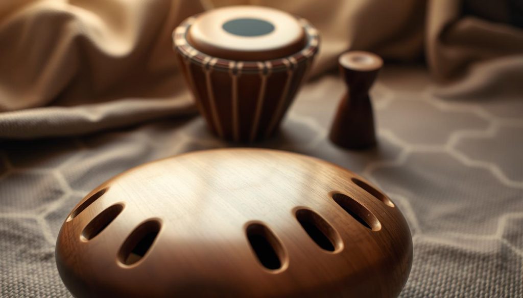 A detailed close-up of a Sela tongue drum model SE 360, showcasing its unique tongue-like slits and polished wooden surface reflecting light gently, positioned on a textured fabric background. The drum is centered in the foreground, with a warm light source highlighting its craftsmanship and natural wood grains. In the middle ground, slightly blurred, a Sela tongue drum model SE 361 is introduced, slightly angled to show its own distinct features, creating a sense of comparison. The background is softly blurred to emphasize the instruments, with a cozy, inviting atmosphere suggesting a serene musical environment. The overall mood is peaceful and artistic, ideal for illustrating the differences between the two models without clutter or distraction. A detailed close-up of a Sela tongue drum model SE 360, showcasing its unique tongue-like slits and polished wooden surface reflecting light gently, positioned on a textured fabric background. The drum is centered in the foreground, with a warm light source highlighting its craftsmanship and natural wood grains. In the middle ground, slightly blurred, a Sela tongue drum model SE 361 is introduced, slightly angled to show its own distinct features, creating a sense of comparison. The background is softly blurred to emphasize the instruments, with a cozy, inviting atmosphere suggesting a serene musical environment. The overall mood is peaceful and artistic, ideal for illustrating the differences between the two models without clutter or distraction.