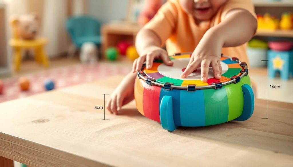 A detailed close-up of a colorful, child-sized tongue drum resting on a soft, natural wood table. The tongue drum is circular, showcasing various bright colors and sizes, with measurements indicated beside it, illustrating its diameter and height. In the foreground, a pair of small hands playfully touches the drum, demonstrating its accessibility for children. The background features a softly blurred, playful environment like a cozy playroom filled with toys, enhancing the child-friendly atmosphere. Utilized soft, warm lighting to create a welcoming and inviting mood, with focus on the vibrant details of the tongue drum. The angle should highlight both the craftsmanship of the instrument and the engagement of the child. No text or additional elements should distract from the main subject. A detailed close-up of a colorful, child-sized tongue drum resting on a soft, natural wood table. The tongue drum is circular, showcasing various bright colors and sizes, with measurements indicated beside it, illustrating its diameter and height. In the foreground, a pair of small hands playfully touches the drum, demonstrating its accessibility for children. The background features a softly blurred, playful environment like a cozy playroom filled with toys, enhancing the child-friendly atmosphere. Utilized soft, warm lighting to create a welcoming and inviting mood, with focus on the vibrant details of the tongue drum. The angle should highlight both the craftsmanship of the instrument and the engagement of the child. No text or additional elements should distract from the main subject.