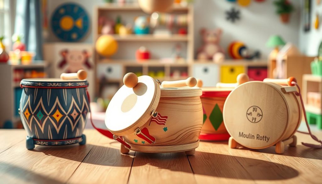 A vibrant and engaging scene depicting three beautifully crafted tongue drums, representing Vilac, Djeco, and Moulin Roty, arranged artistically on a wooden surface. In the foreground, each drum showcases its unique design and color palette, with intricate patterns and playful motifs suitable for children. The middle ground features soft, natural lighting that highlights the wooden textures and creates gentle shadows, instilling a warm and inviting atmosphere. In the background, a cozy playroom setting is subtly blurred, with hints of children's toys and colorful decorations to evoke a sense of creativity and joy. The mood is playful yet serene, ideal for a children's musical environment. Capture this from a slightly elevated angle to provide a comprehensive view of the drums while emphasizing their craftsmanship and playful spirit. A vibrant and engaging scene depicting three beautifully crafted tongue drums, representing Vilac, Djeco, and Moulin Roty, arranged artistically on a wooden surface. In the foreground, each drum showcases its unique design and color palette, with intricate patterns and playful motifs suitable for children. The middle ground features soft, natural lighting that highlights the wooden textures and creates gentle shadows, instilling a warm and inviting atmosphere. In the background, a cozy playroom setting is subtly blurred, with hints of children's toys and colorful decorations to evoke a sense of creativity and joy. The mood is playful yet serene, ideal for a children's musical environment. Capture this from a slightly elevated angle to provide a comprehensive view of the drums while emphasizing their craftsmanship and playful spirit.