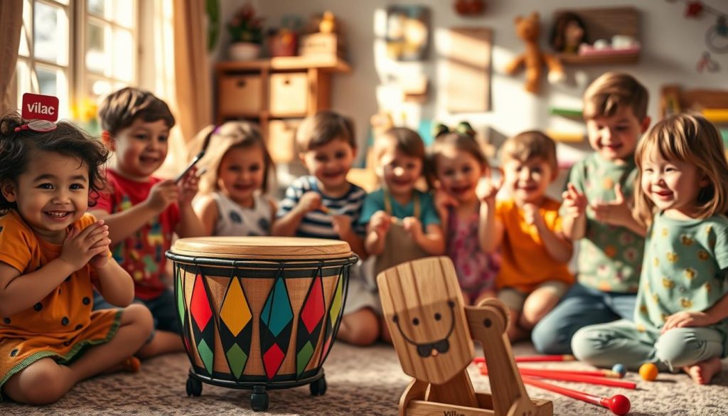 A vibrant and engaging scene showcasing a tongue drum designed for children, prominently displayed in the foreground. The tongue drum should exhibit colorful patterns typical of the Vilac brand, crafted from wood with a smooth, polished finish. Surrounding the drum, a diverse group of children, dressed in casual, colorful clothing, eagerly play and explore the instrument, radiating joy and curiosity. In the middle ground, a cozy setting with warm, natural lighting filters through a nearby window, casting gentle shadows that enhance the atmosphere. In the background, soft-focus toys and art supplies hint at a playful environment, evoking a sense of creativity and discovery. The overall mood is cheerful and inviting, highlighting the musical experience that fosters imagination in young minds. A vibrant and engaging scene showcasing a tongue drum designed for children, prominently displayed in the foreground. The tongue drum should exhibit colorful patterns typical of the Vilac brand, crafted from wood with a smooth, polished finish. Surrounding the drum, a diverse group of children, dressed in casual, colorful clothing, eagerly play and explore the instrument, radiating joy and curiosity. In the middle ground, a cozy setting with warm, natural lighting filters through a nearby window, casting gentle shadows that enhance the atmosphere. In the background, soft-focus toys and art supplies hint at a playful environment, evoking a sense of creativity and discovery. The overall mood is cheerful and inviting, highlighting the musical experience that fosters imagination in young minds.