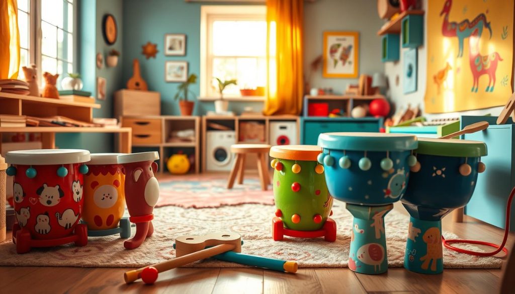 A vibrant, cozy children's music studio featuring a selection of colorful tongue drums from the brands Vilac, Djeco, and Moulin Roty. In the foreground, the tongue drums are displayed prominently, showcasing various playful designs and patterns, such as animals and whimsical shapes. The middle ground includes a soft rug and a small, child-sized stool inviting young musicians to play. In the background, bright, cheerful wall art, and a window allowing warm, golden sunlight to filter in, creating a joyful atmosphere. The lens captures a warm ambiance, emphasizing the playful nature of the space, with soft focus for a dreamy effect. The overall mood is inviting and creative, perfect for stimulating a child's interest in music. A vibrant, cozy children's music studio featuring a selection of colorful tongue drums from the brands Vilac, Djeco, and Moulin Roty. In the foreground, the tongue drums are displayed prominently, showcasing various playful designs and patterns, such as animals and whimsical shapes. The middle ground includes a soft rug and a small, child-sized stool inviting young musicians to play. In the background, bright, cheerful wall art, and a window allowing warm, golden sunlight to filter in, creating a joyful atmosphere. The lens captures a warm ambiance, emphasizing the playful nature of the space, with soft focus for a dreamy effect. The overall mood is inviting and creative, perfect for stimulating a child's interest in music.