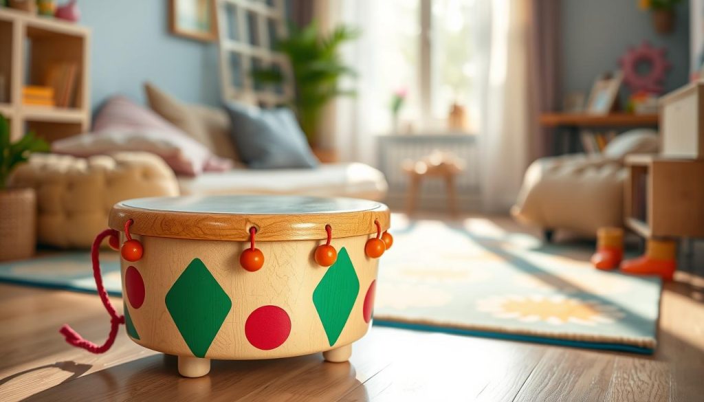 A vibrant wooden tongue drum for children, placed prominently in the foreground with its polished surface reflecting soft, ambient light. The drum features colorful, playful designs, inviting for young musicians. In the middle ground, a cozy setting with plush cushions and a bright rug enhances the children's play environment, evoking warmth and creativity. In the background, subtle hints of a sunny playroom, with soft daylight streaming through a window, casting gentle shadows. The atmosphere is joyful and inviting, encouraging exploration and learning. The focus is sharp on the drum, while the background softly blurs to create a sense of depth. The overall mood is playful and engaging, perfect for illustrating the characteristics to consider when selecting a children’s musical instrument. A vibrant wooden tongue drum for children, placed prominently in the foreground with its polished surface reflecting soft, ambient light. The drum features colorful, playful designs, inviting for young musicians. In the middle ground, a cozy setting with plush cushions and a bright rug enhances the children's play environment, evoking warmth and creativity. In the background, subtle hints of a sunny playroom, with soft daylight streaming through a window, casting gentle shadows. The atmosphere is joyful and inviting, encouraging exploration and learning. The focus is sharp on the drum, while the background softly blurs to create a sense of depth. The overall mood is playful and engaging, perfect for illustrating the characteristics to consider when selecting a children’s musical instrument.