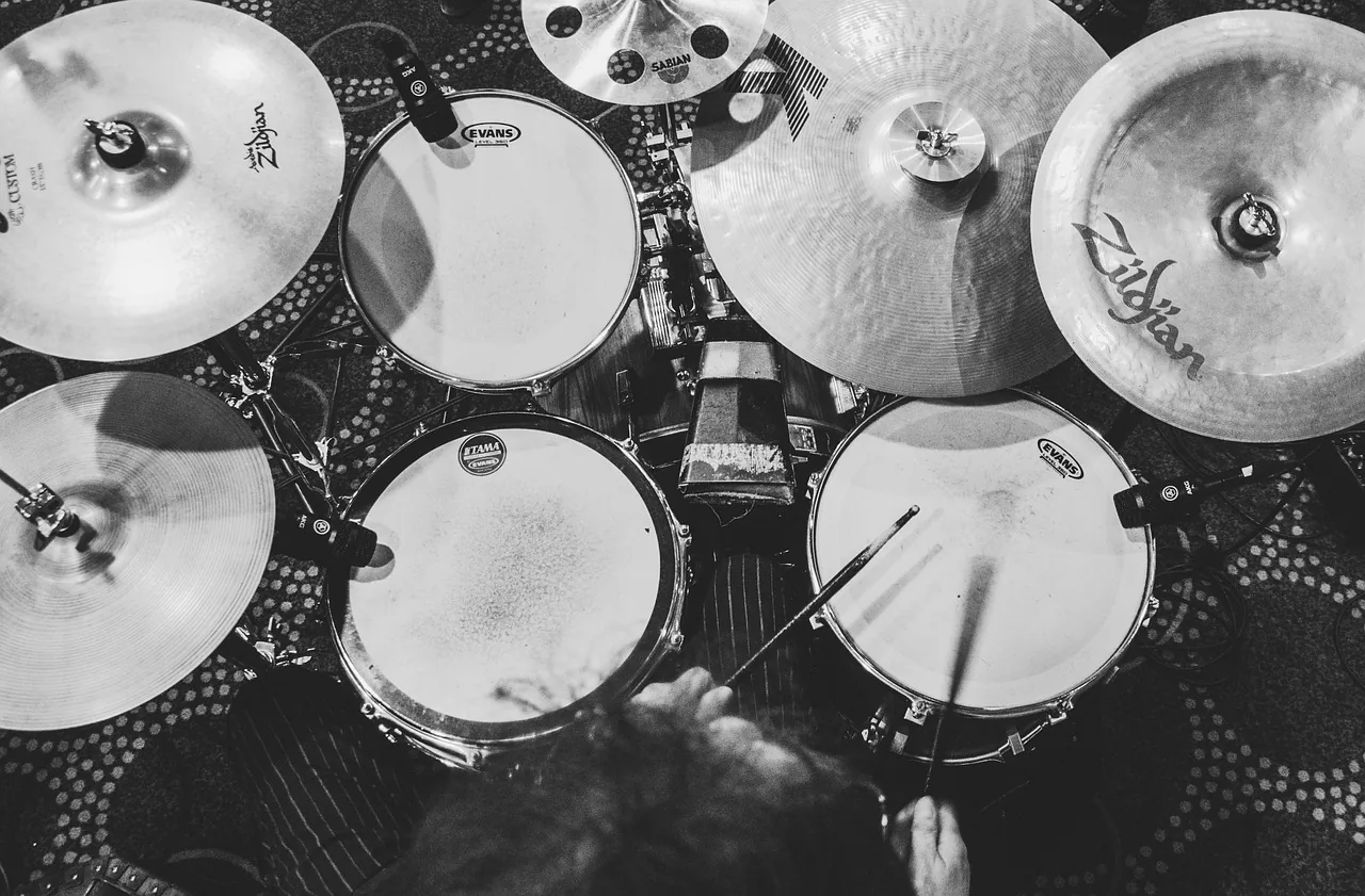 Drum kit and sticks seen from above
