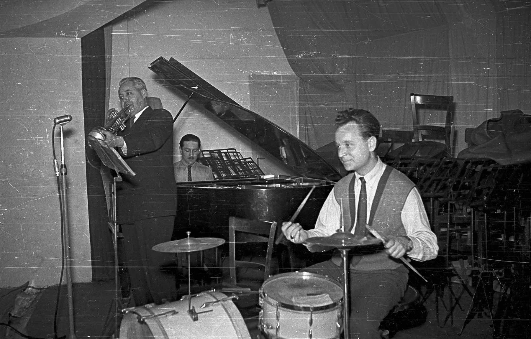 Jazz musicians with drummer in rehearsal Jazz musicians with drummer in rehearsal